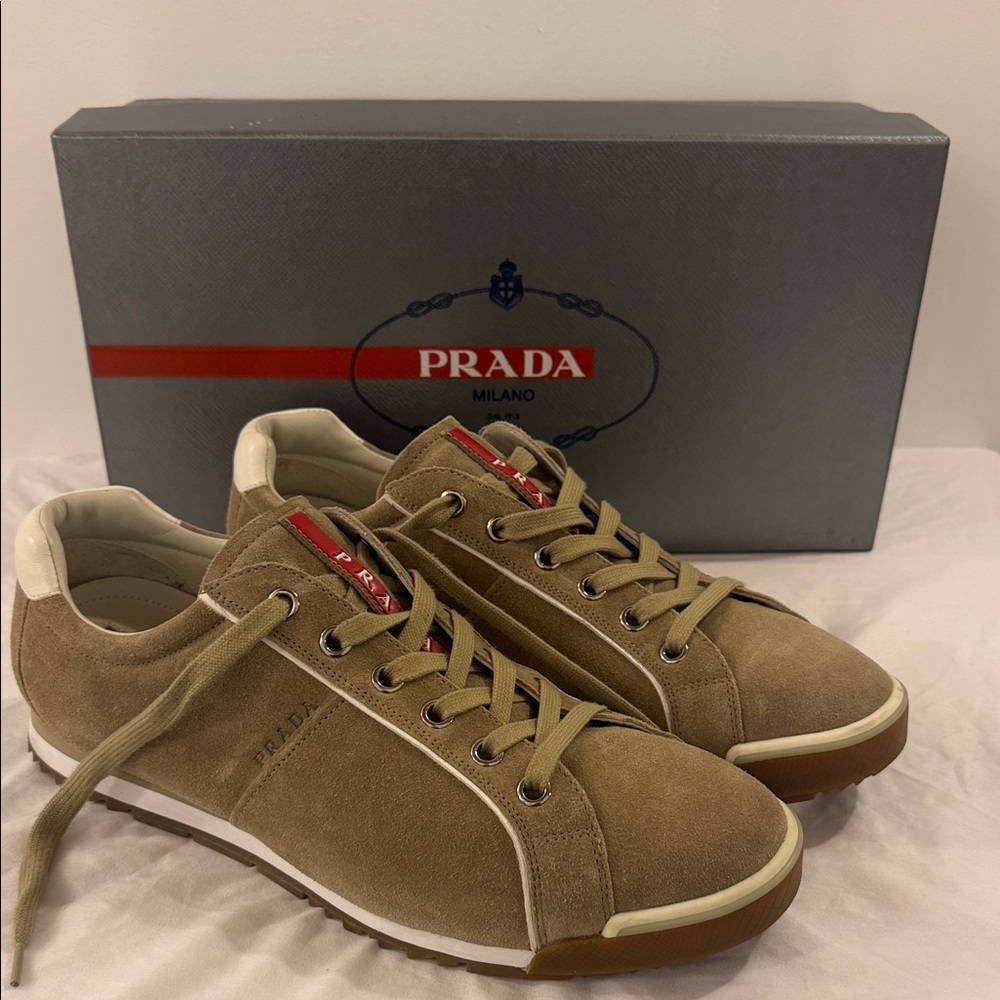 Prada Men's Beige suede sneakers. Size 12 men. Pre-owned in good condition.